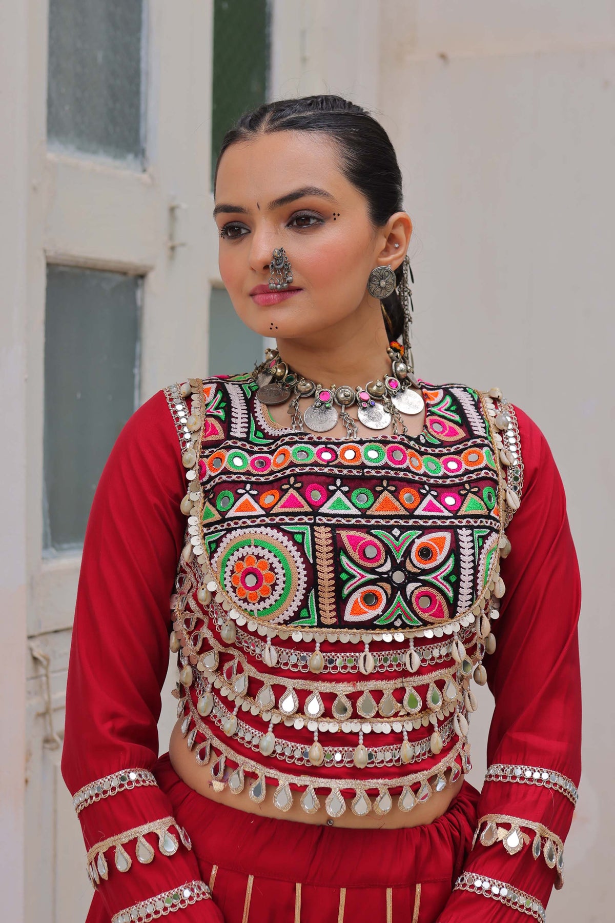 Saanchi Kutchi Maroon Roman Silk Lehenga Set