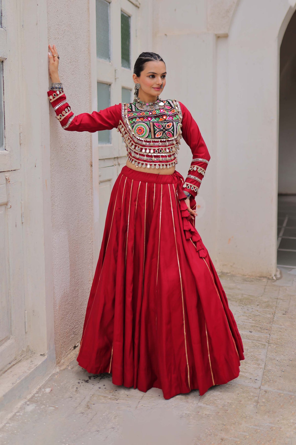 Saanchi Kutchi Maroon Roman Silk Lehenga Set
