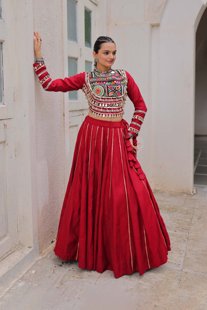 Saanchi Kutchi Maroon Roman Silk Lehenga Set
