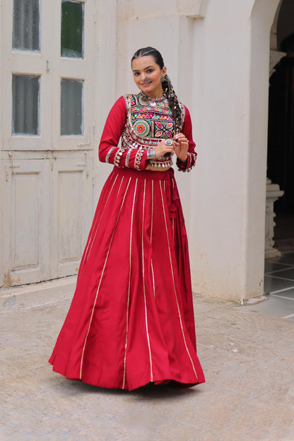 Saanchi Kutchi Maroon Roman Silk Lehenga Set