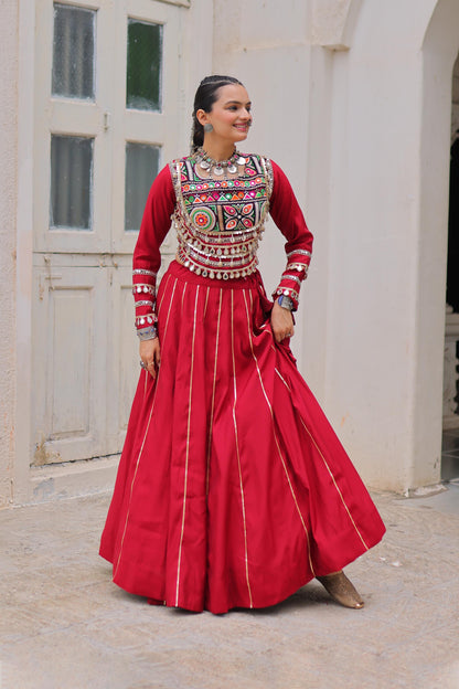 Saanchi Kutchi Maroon Roman Silk Lehenga Set
