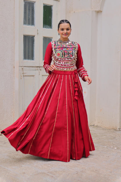 Saanchi Kutchi Maroon Roman Silk Lehenga Set