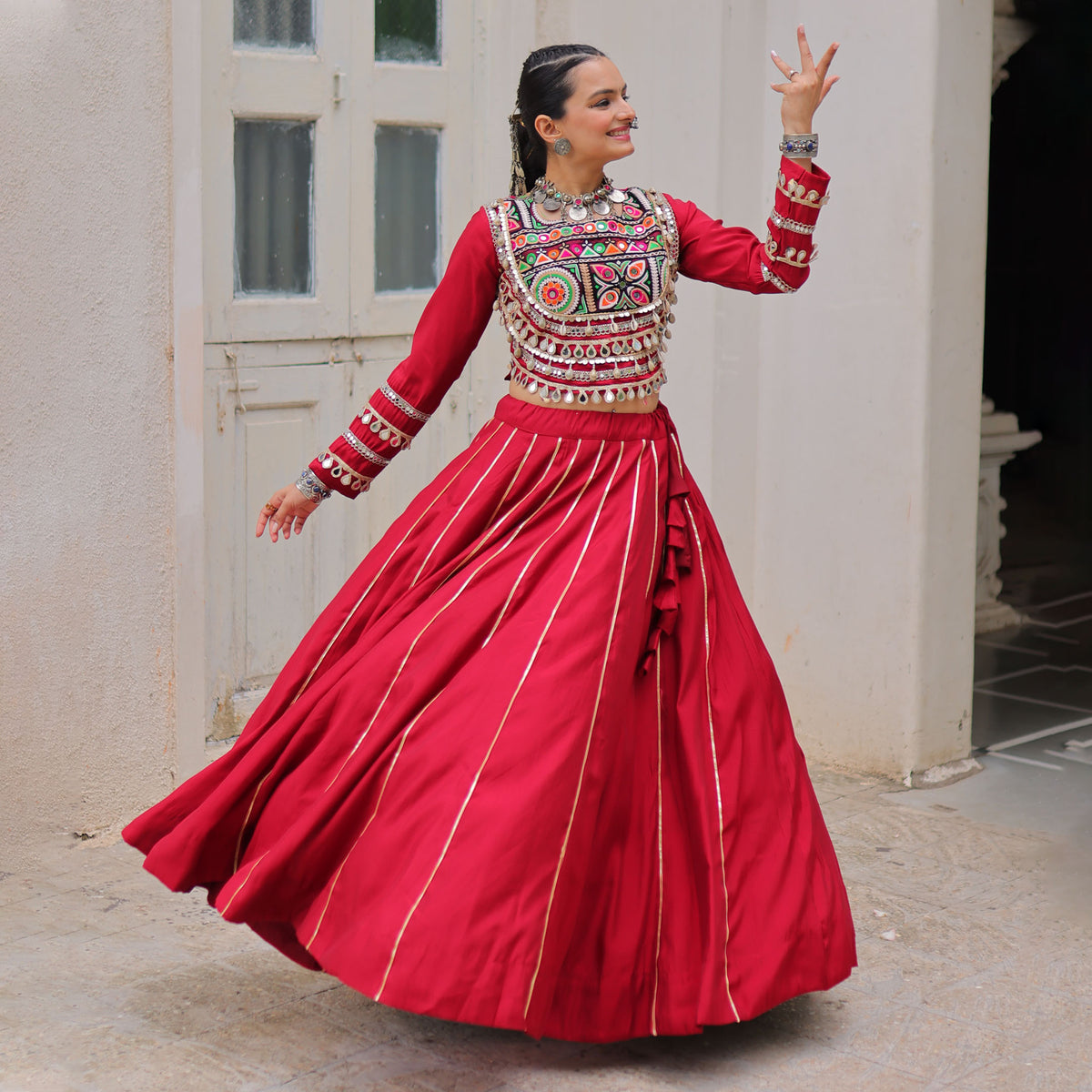 Saanchi Kutchi Maroon Roman Silk Lehenga Set