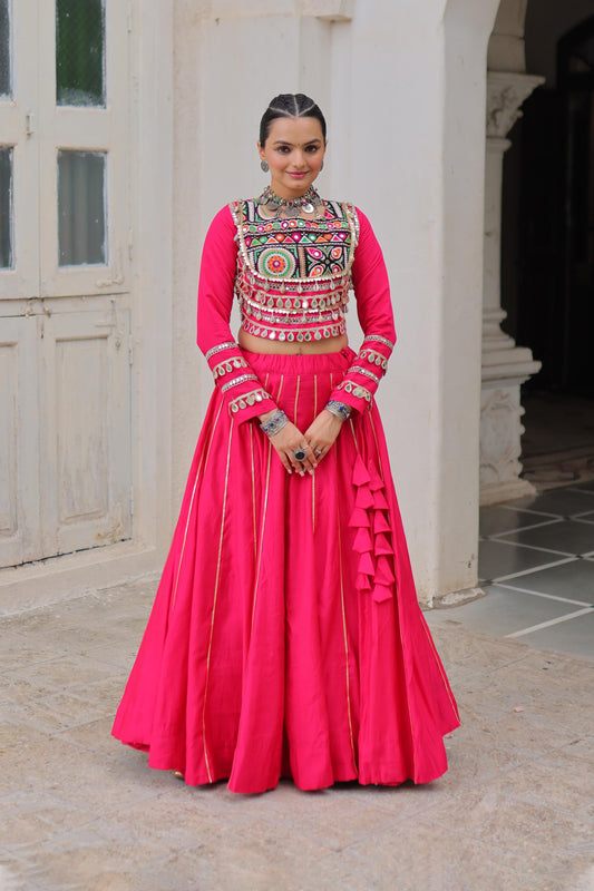 Saanchi Kutchi Pink Roman Silk Lehenga Set