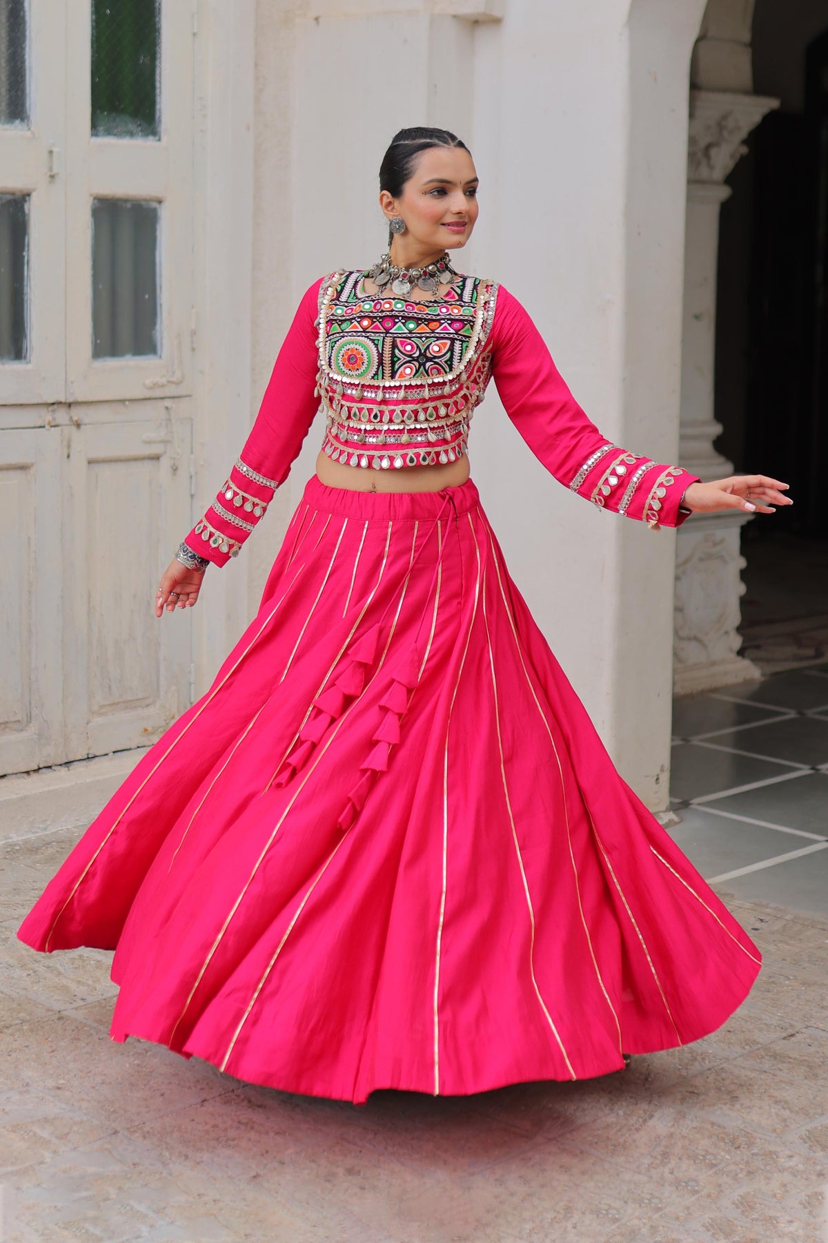 Saanchi Kutchi Pink Roman Silk Lehenga Set