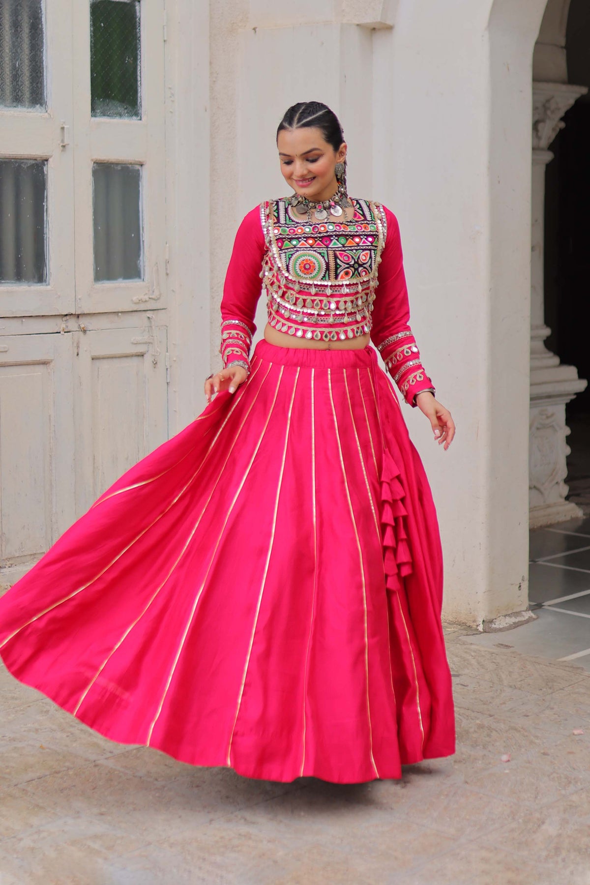 Saanchi Kutchi Pink Roman Silk Lehenga Set