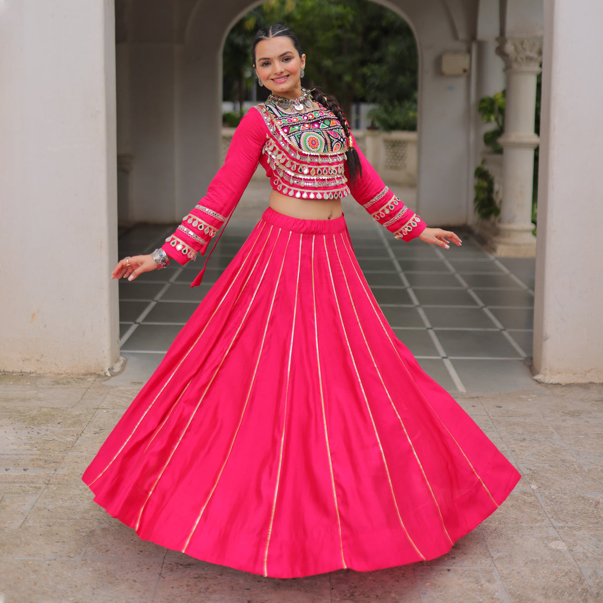 Saanchi Kutchi Pink Roman Silk Lehenga Set