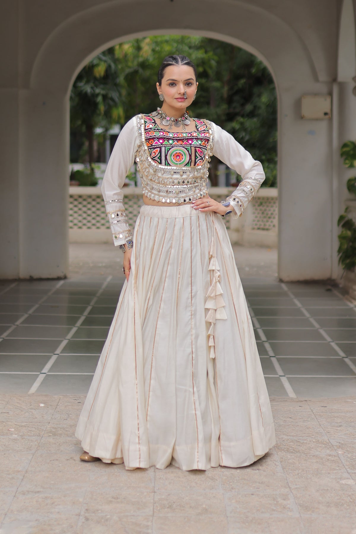 Saanchi Kutchi White Roman Silk Lehenga Set