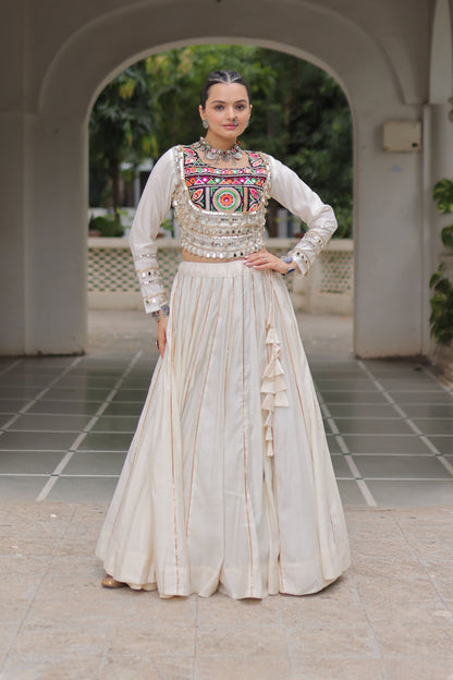 Saanchi Kutchi White Roman Silk Lehenga Set