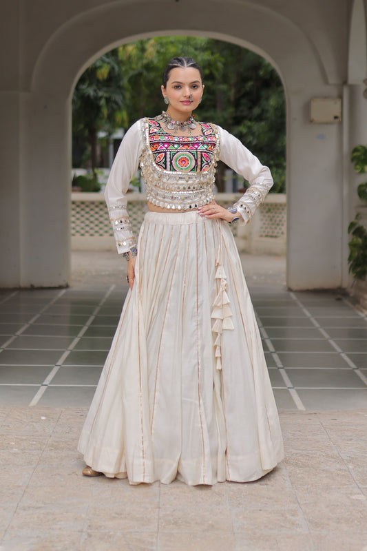 Saanchi Kutchi White Roman Silk Lehenga Set