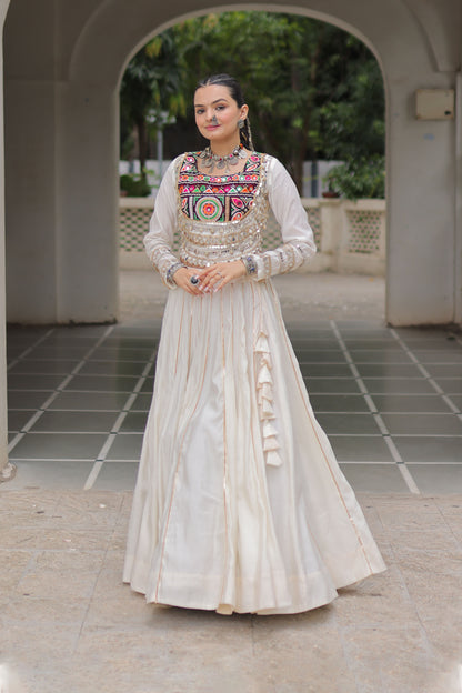 Saanchi Kutchi White Roman Silk Lehenga Set
