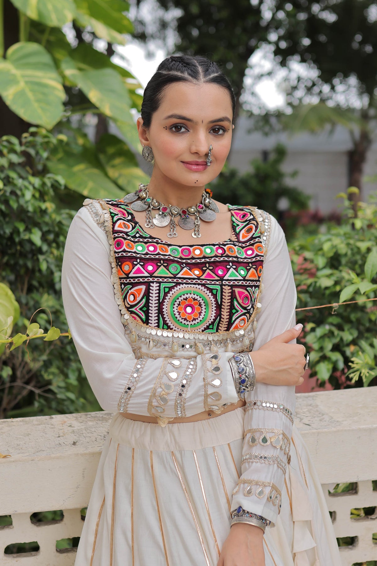 Saanchi Kutchi White Roman Silk Lehenga Set