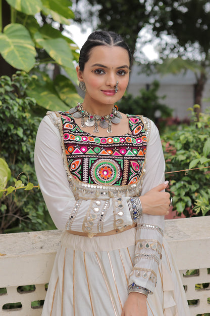 Saanchi Kutchi White Roman Silk Lehenga Set