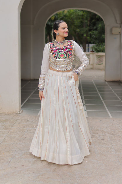 Saanchi Kutchi White Roman Silk Lehenga Set