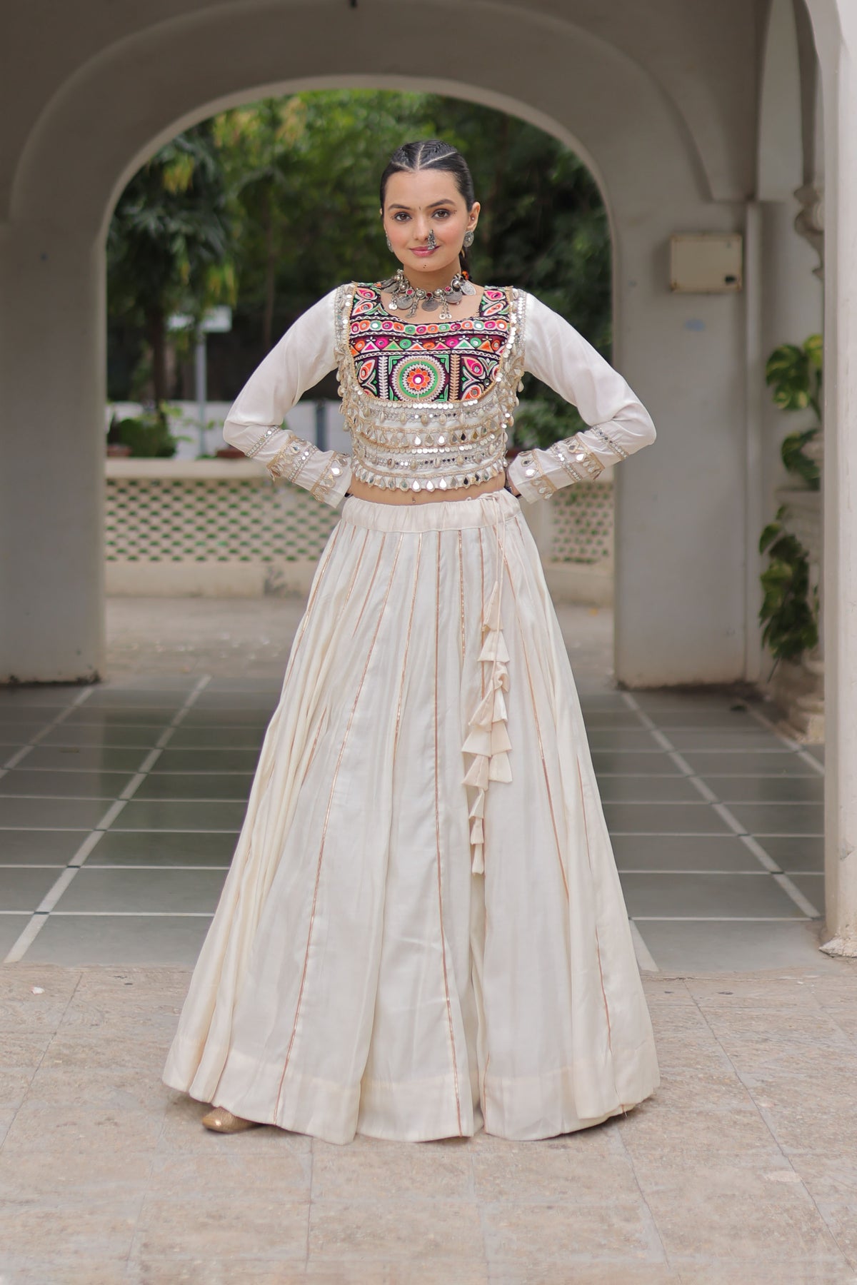 Saanchi Kutchi White Roman Silk Lehenga Set