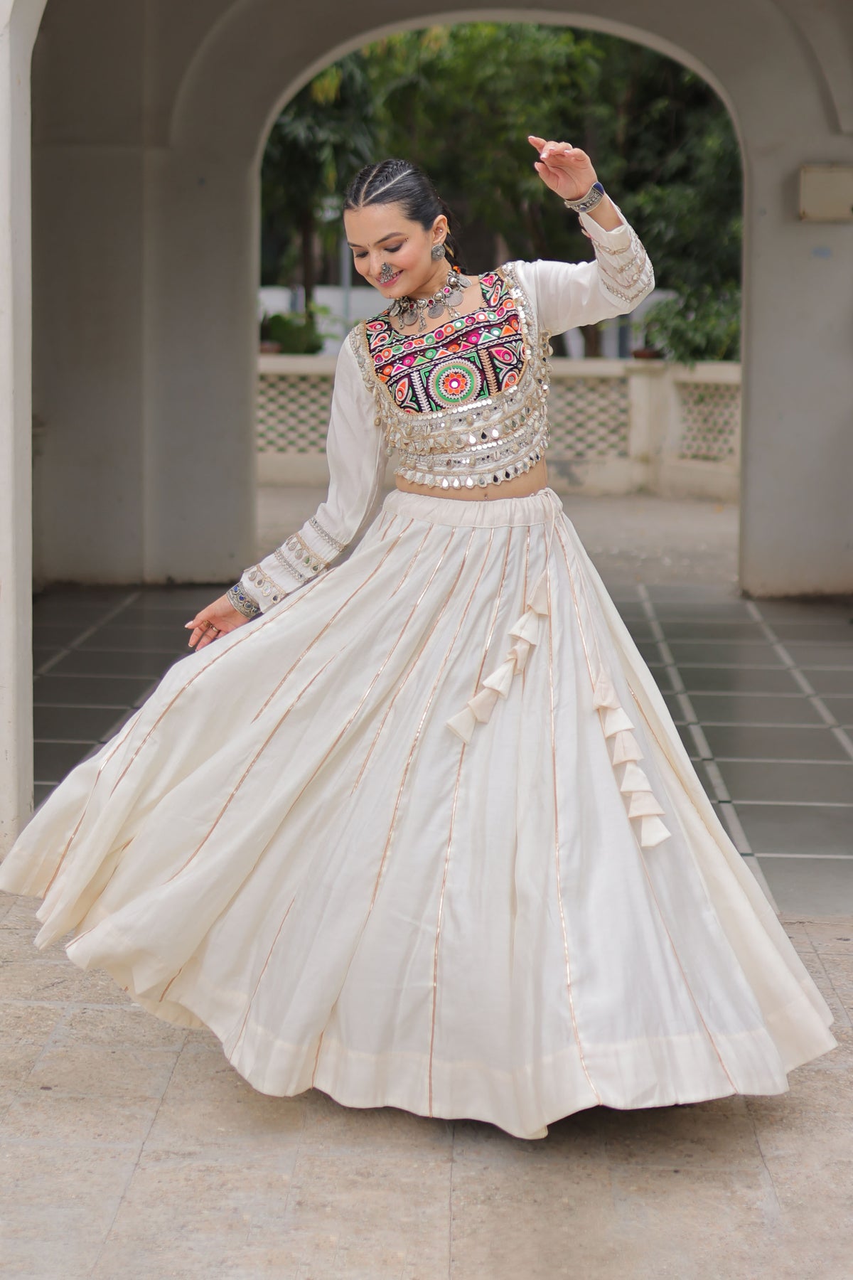 Saanchi Kutchi White Roman Silk Lehenga Set