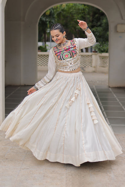 Saanchi Kutchi White Roman Silk Lehenga Set