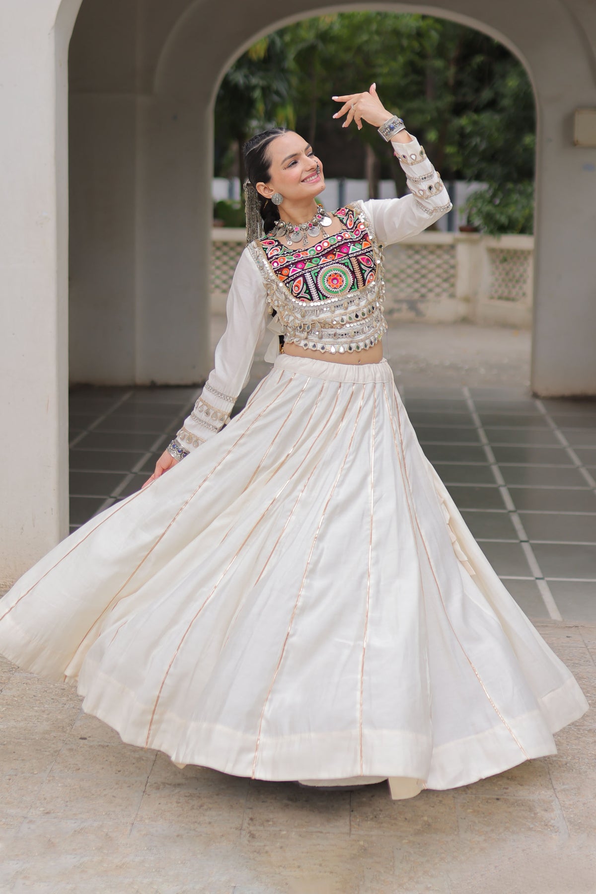 Saanchi Kutchi White Roman Silk Lehenga Set