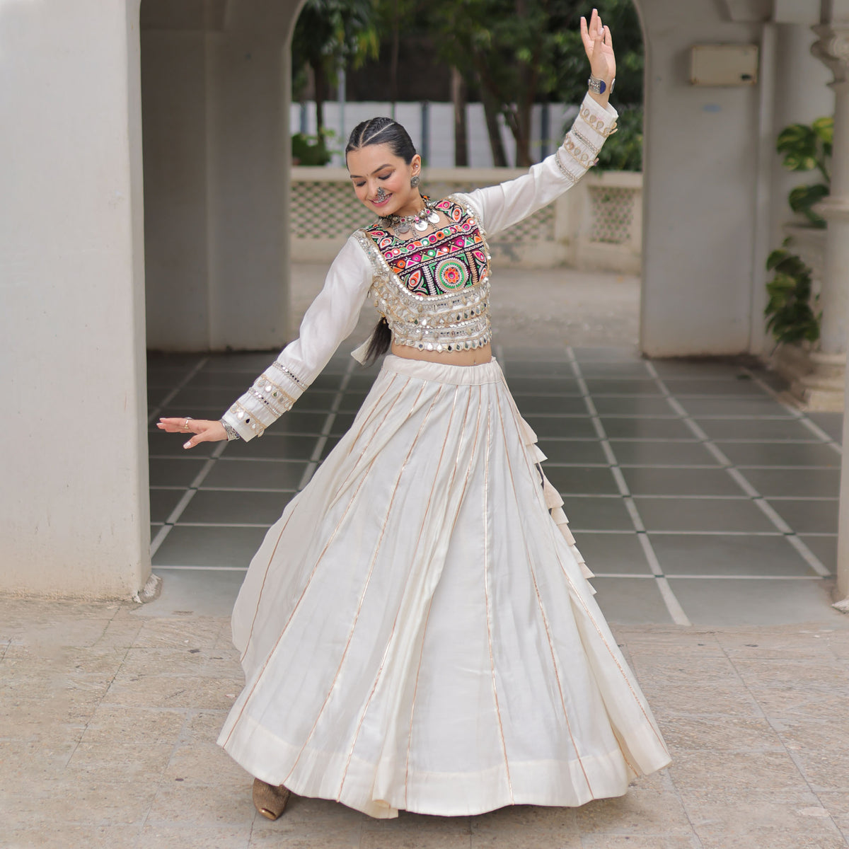 Saanchi Kutchi White Roman Silk Lehenga Set