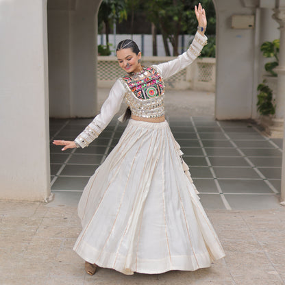Saanchi Kutchi White Roman Silk Lehenga Set