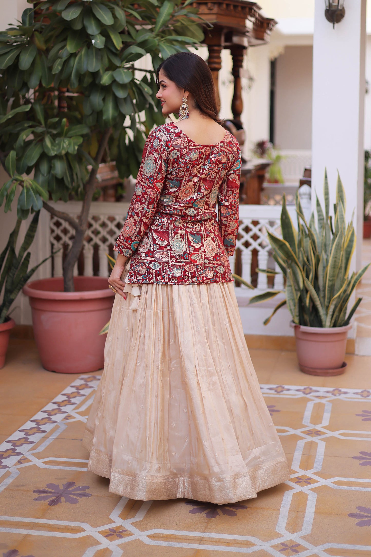 Maroon Jacquard Jacket with Beige Lehenga Set