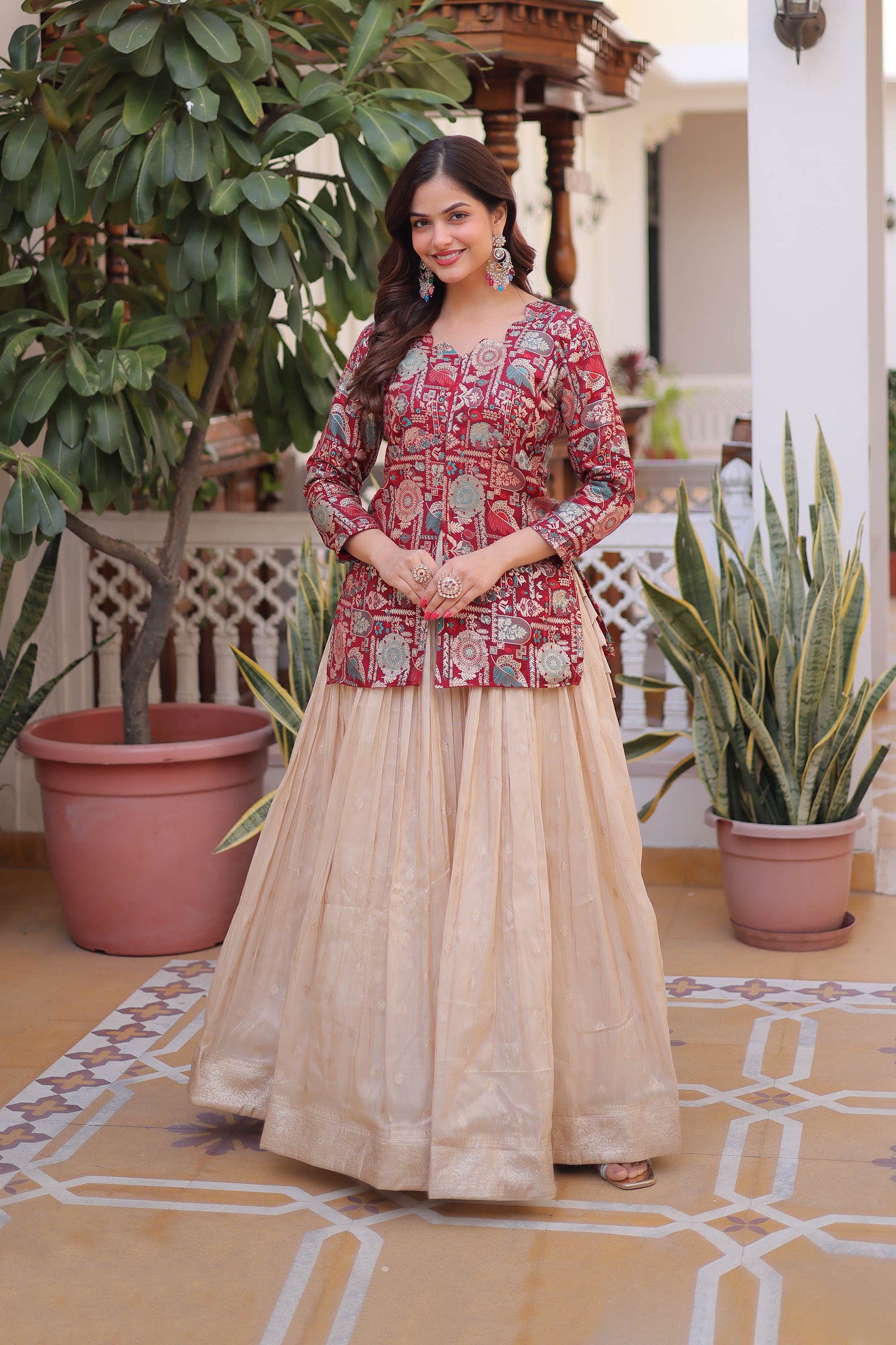 Maroon Jacquard Jacket with Beige Lehenga Set