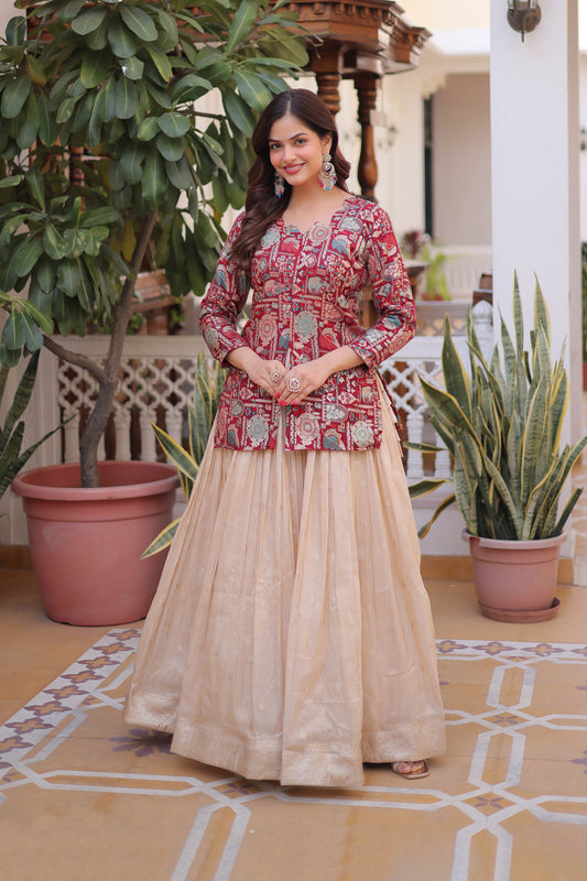 Maroon Jacquard Jacket with Beige Lehenga Set