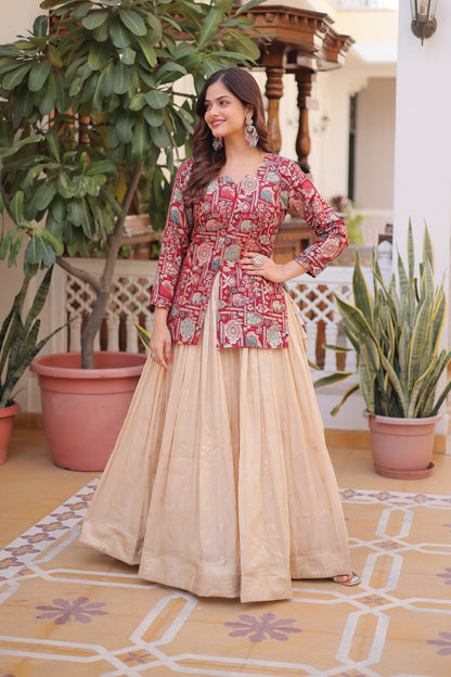 Maroon Jacquard Jacket with Beige Lehenga Set