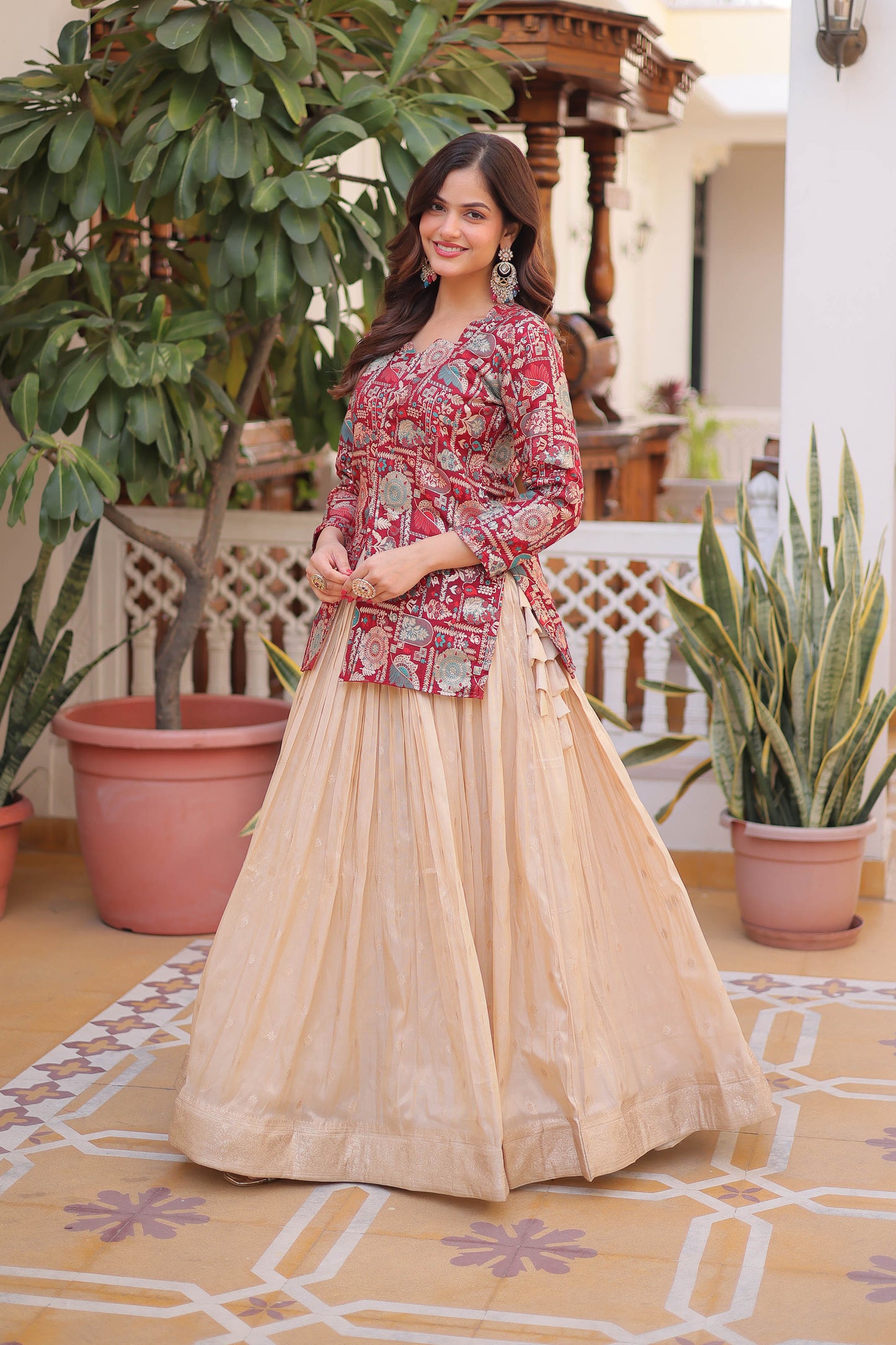 Maroon Jacquard Jacket with Beige Lehenga Set