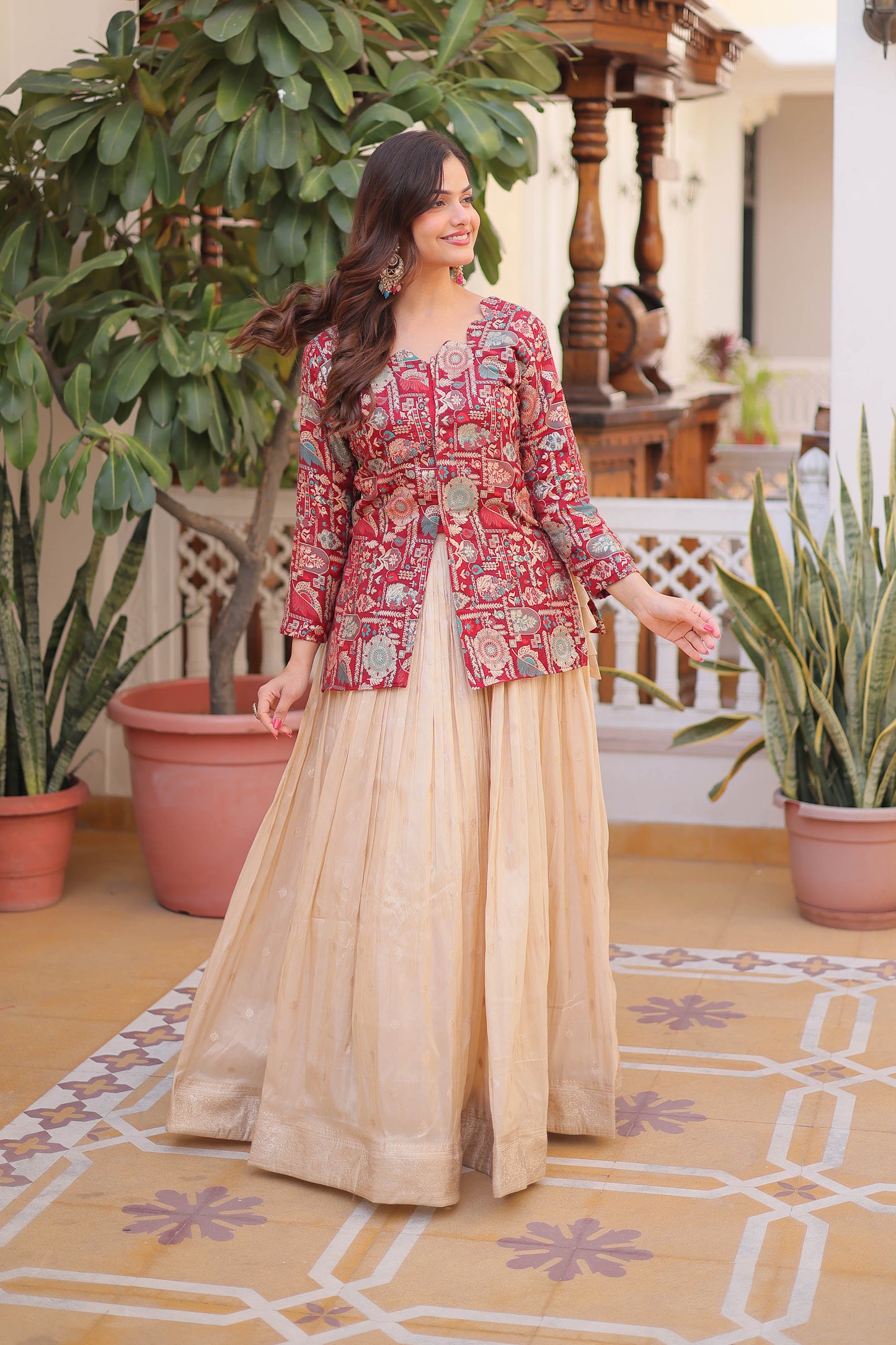 Maroon Jacquard Jacket with Beige Lehenga Set