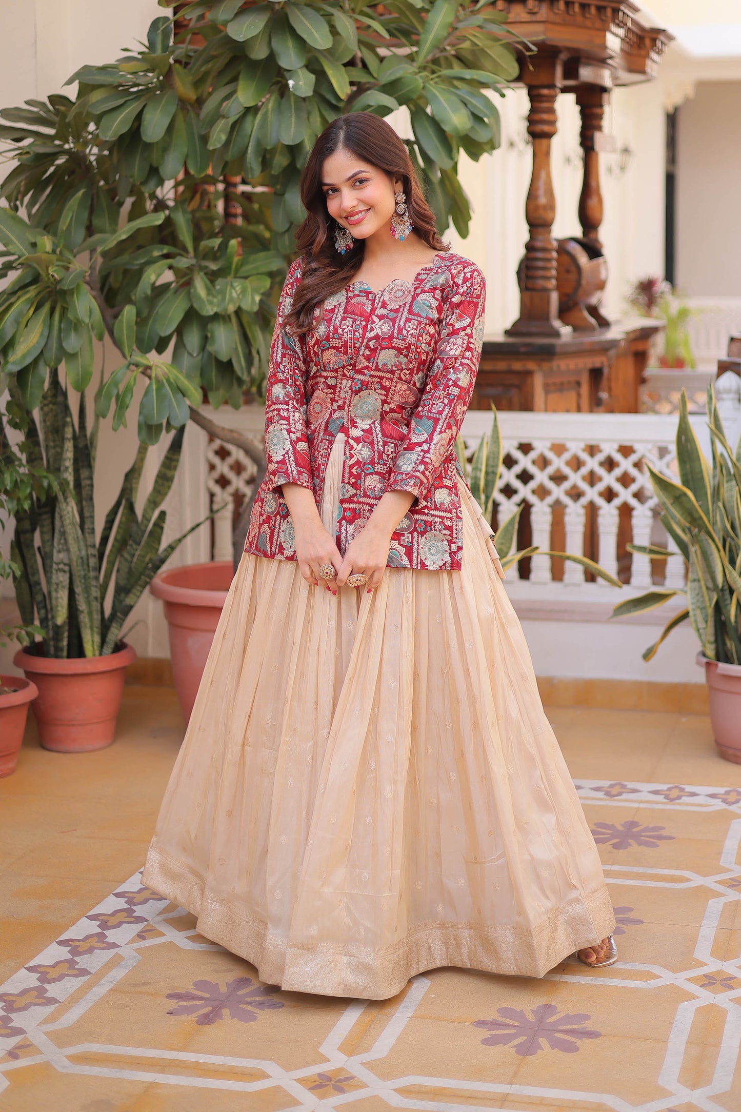Maroon Jacquard Jacket with Beige Lehenga Set