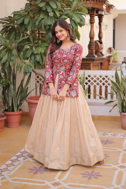 Maroon Jacquard Jacket with Beige Lehenga Set