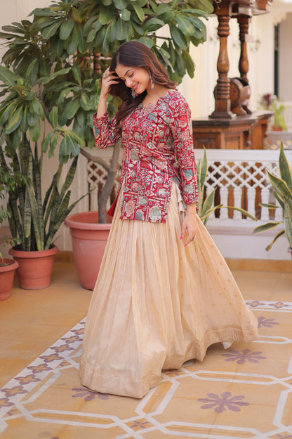 Maroon Jacquard Jacket with Beige Lehenga Set