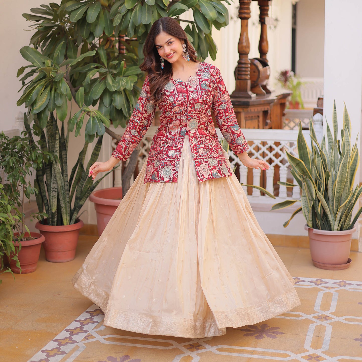 Maroon Jacquard Jacket with Beige Lehenga Set