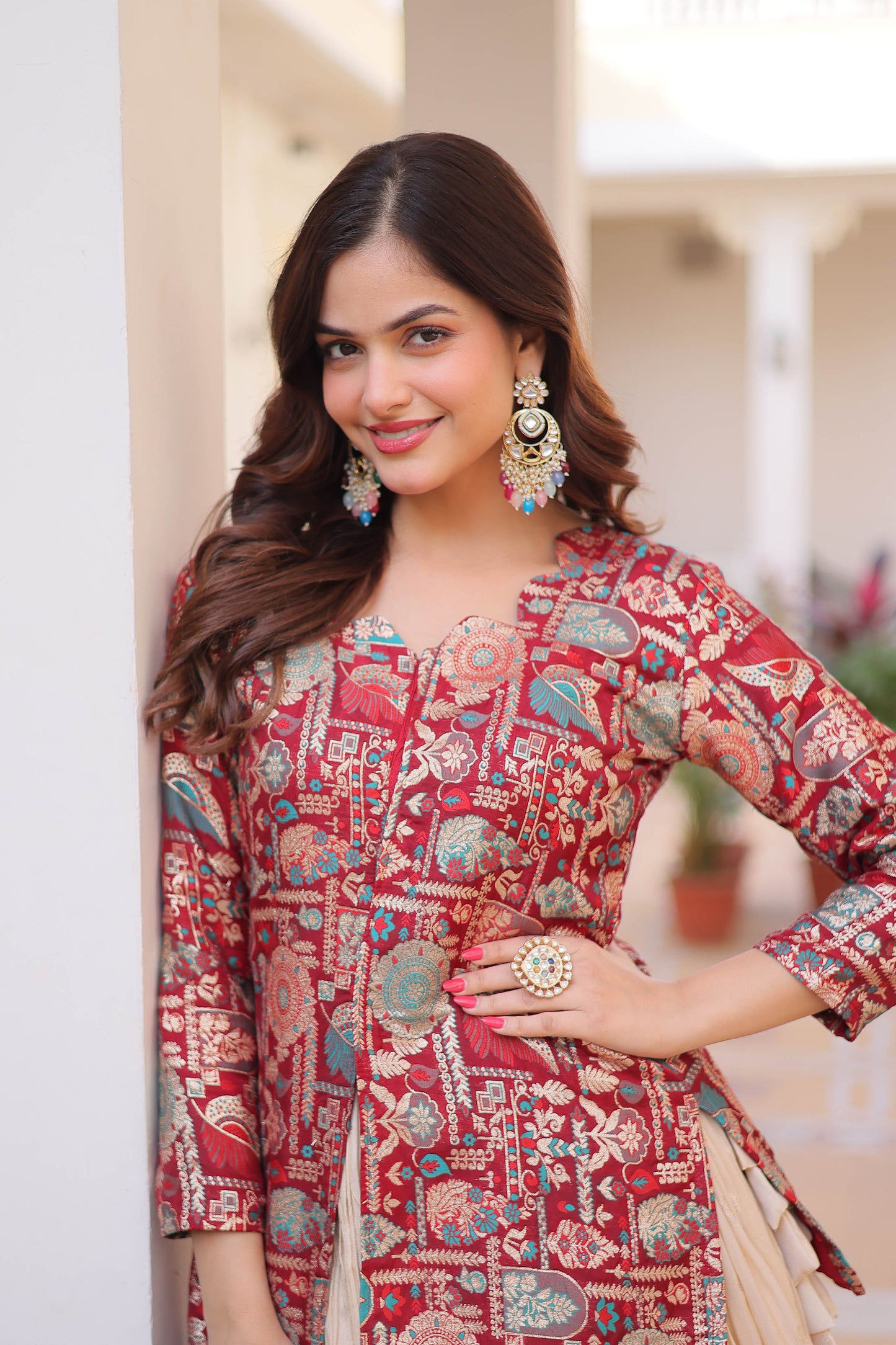 Maroon Jacquard Jacket with Beige Lehenga Set