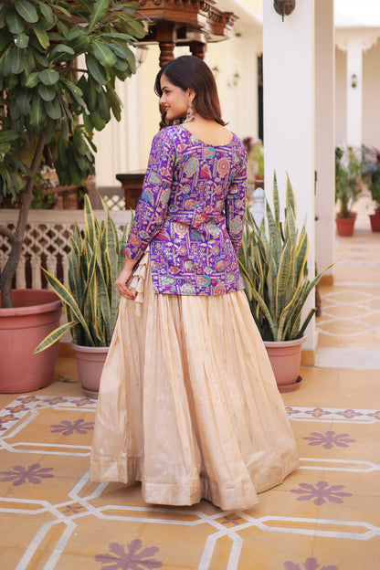 Royal Purple Jacquard Jacket with Beige Lehenga Set