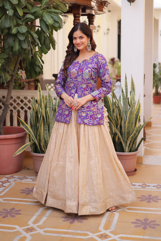 Royal Purple Jacquard Jacket with Beige Lehenga Set