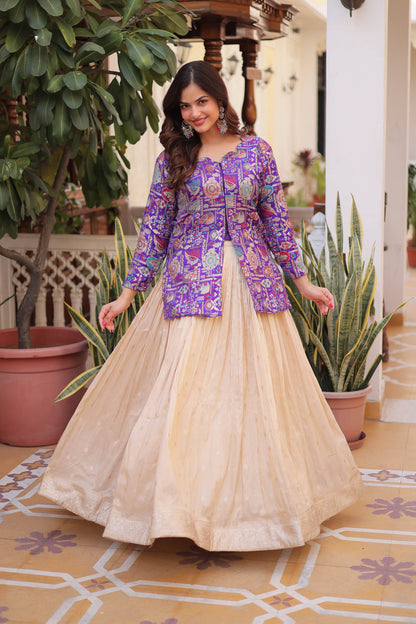 Royal Purple Jacquard Jacket with Beige Lehenga Set