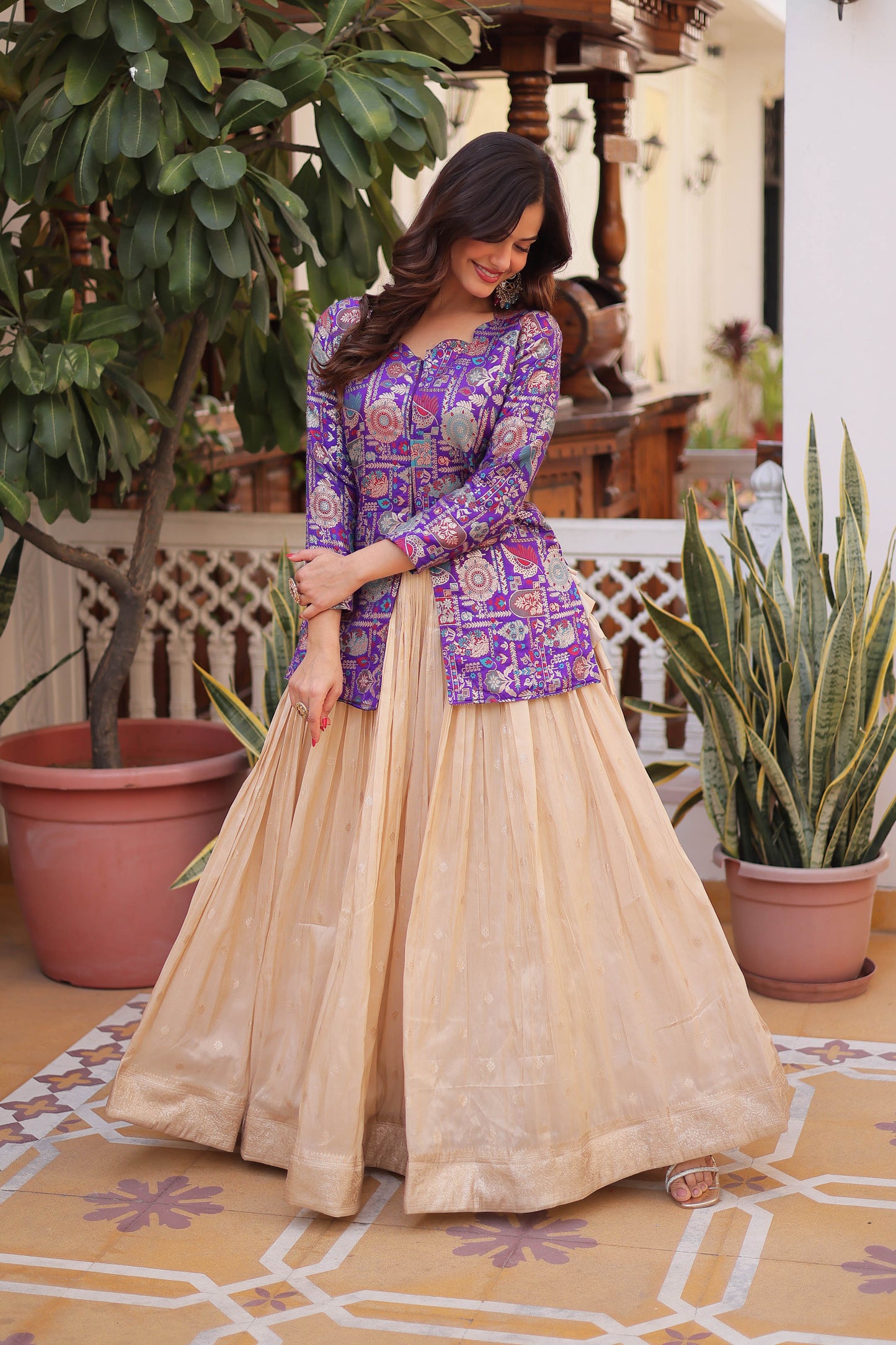 Royal Purple Jacquard Jacket with Beige Lehenga Set
