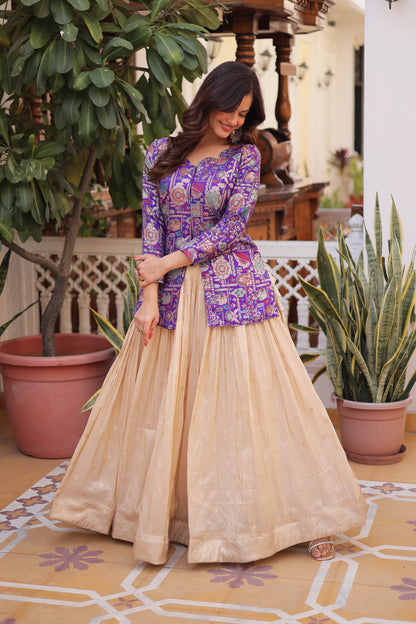 Royal Purple Jacquard Jacket with Beige Lehenga Set