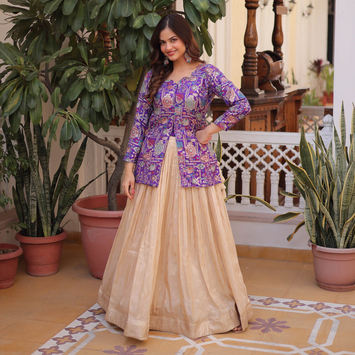 Royal Purple Jacquard Jacket with Beige Lehenga Set