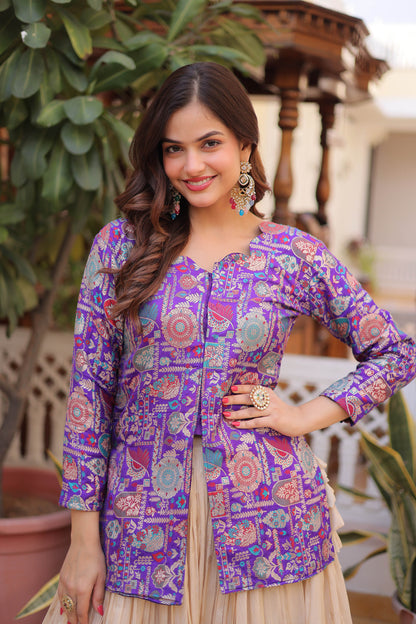 Royal Purple Jacquard Jacket with Beige Lehenga Set