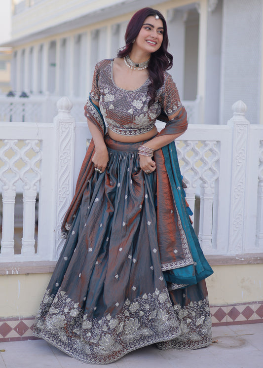 Neelavarna Rust Iridescent Silk Embroidered Lehenga Set