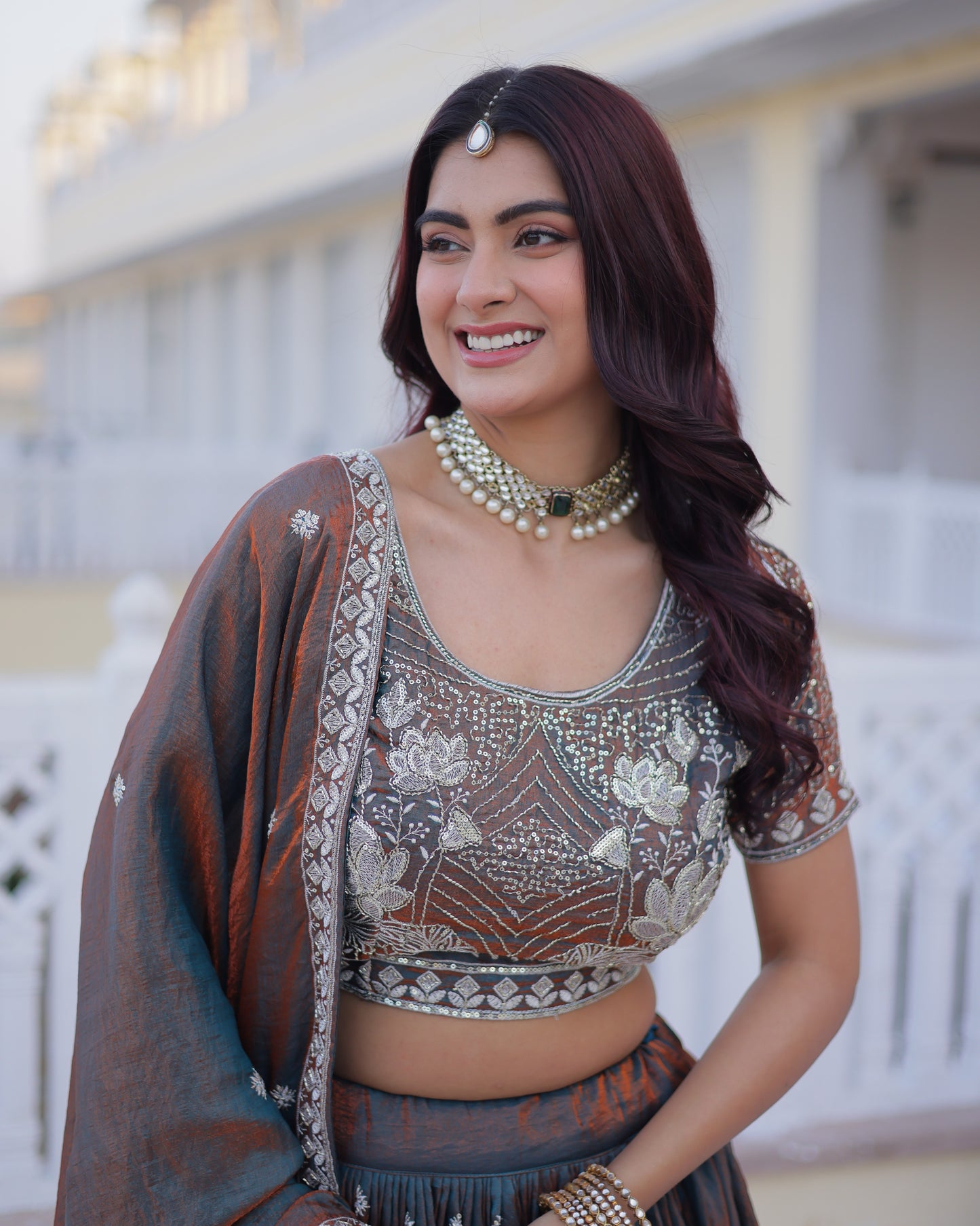 Neelavarna Rust Iridescent Silk Embroidered Lehenga Set