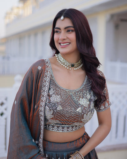 Neelavarna Rust Iridescent Silk Embroidered Lehenga Set