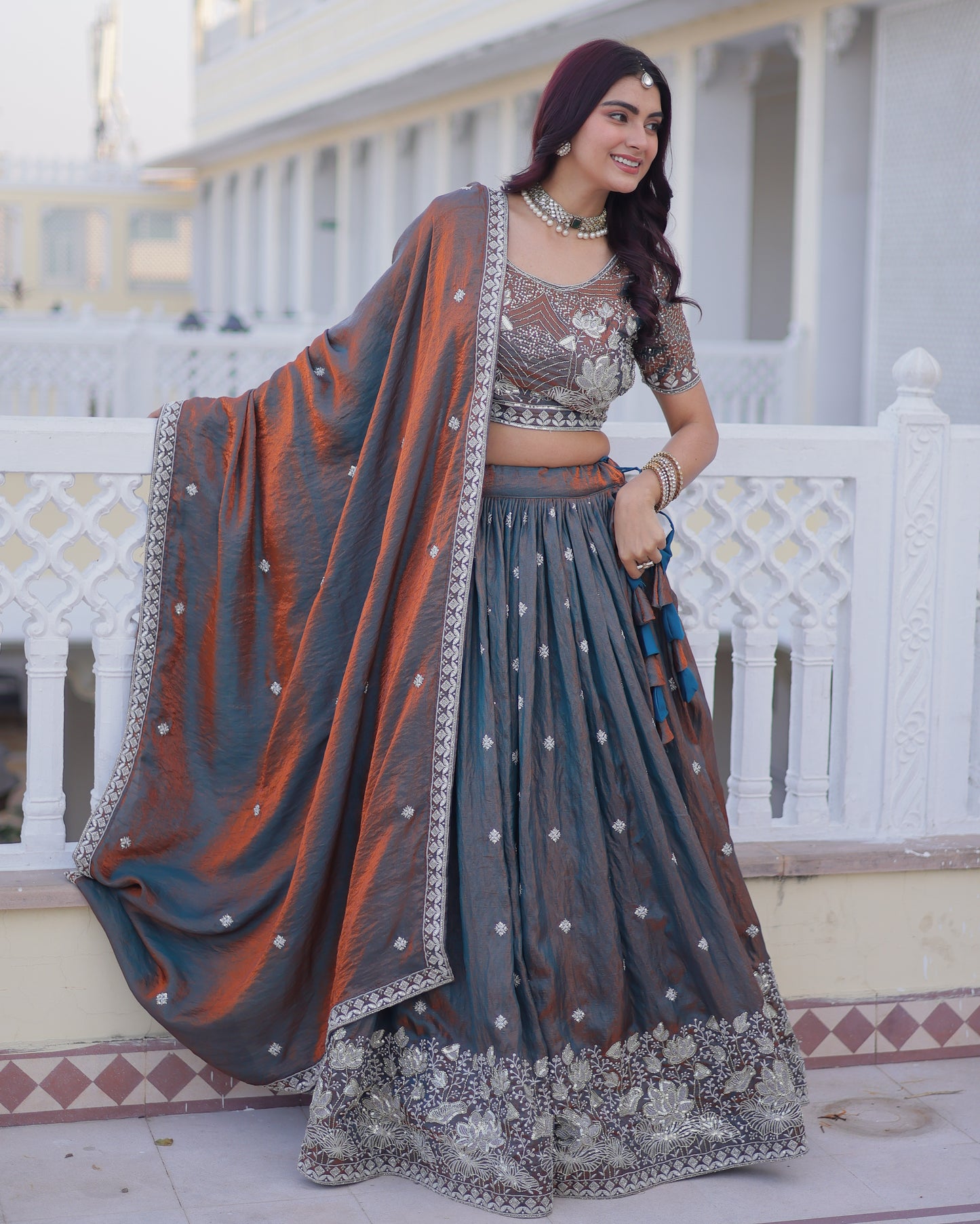 Neelavarna Rust Iridescent Silk Embroidered Lehenga Set