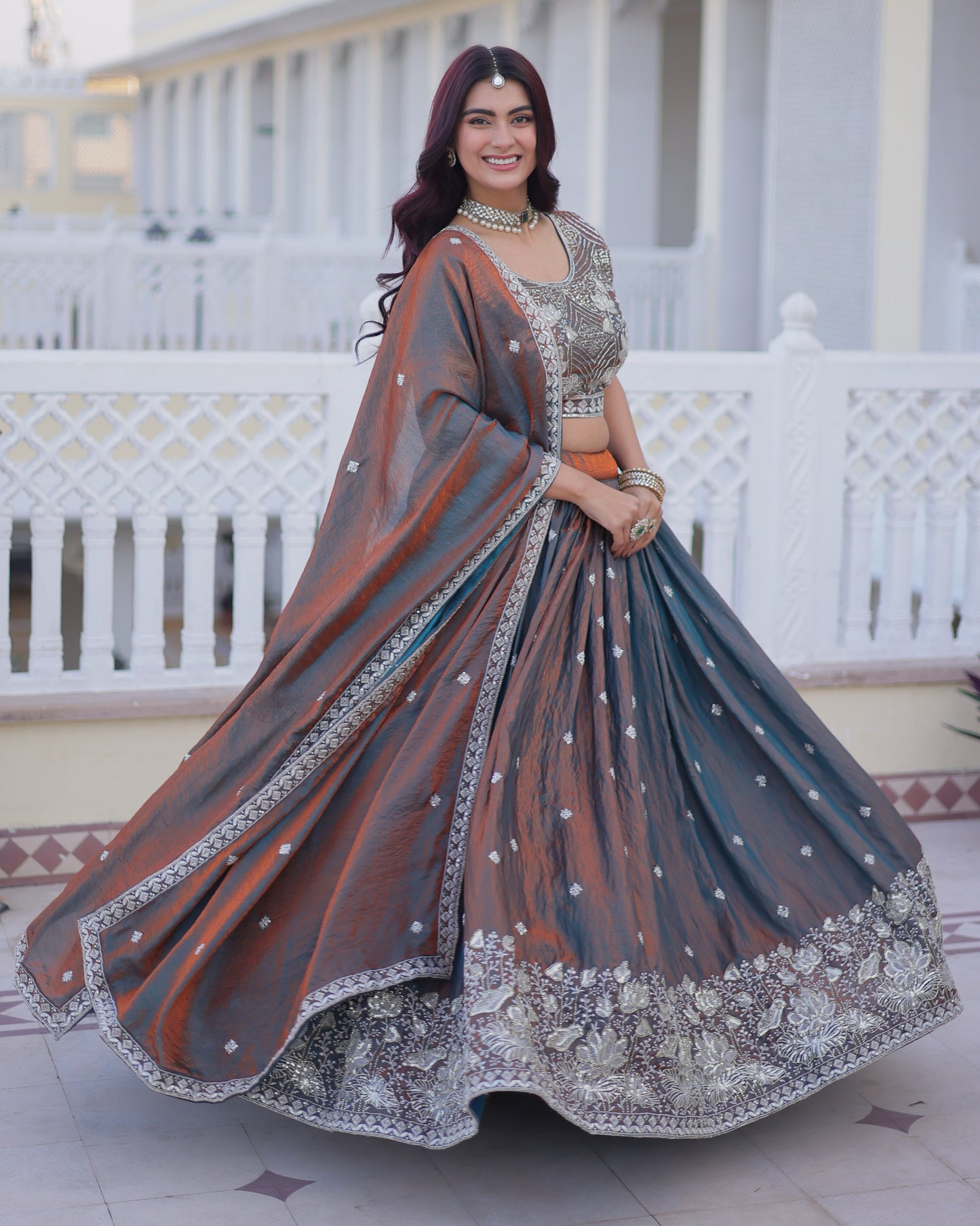 Neelavarna Rust Iridescent Silk Embroidered Lehenga Set