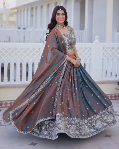 Neelavarna Rust Iridescent Silk Embroidered Lehenga Set