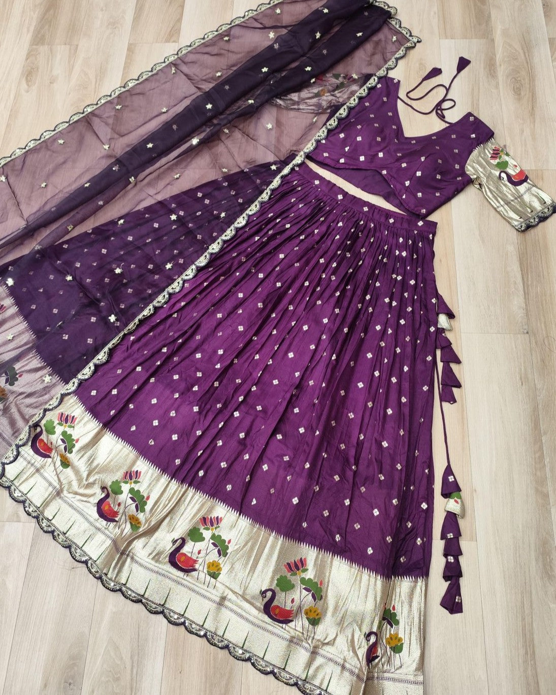 Vrindaa Wine Purple Paithani-Border Embroidered Lehenga Set