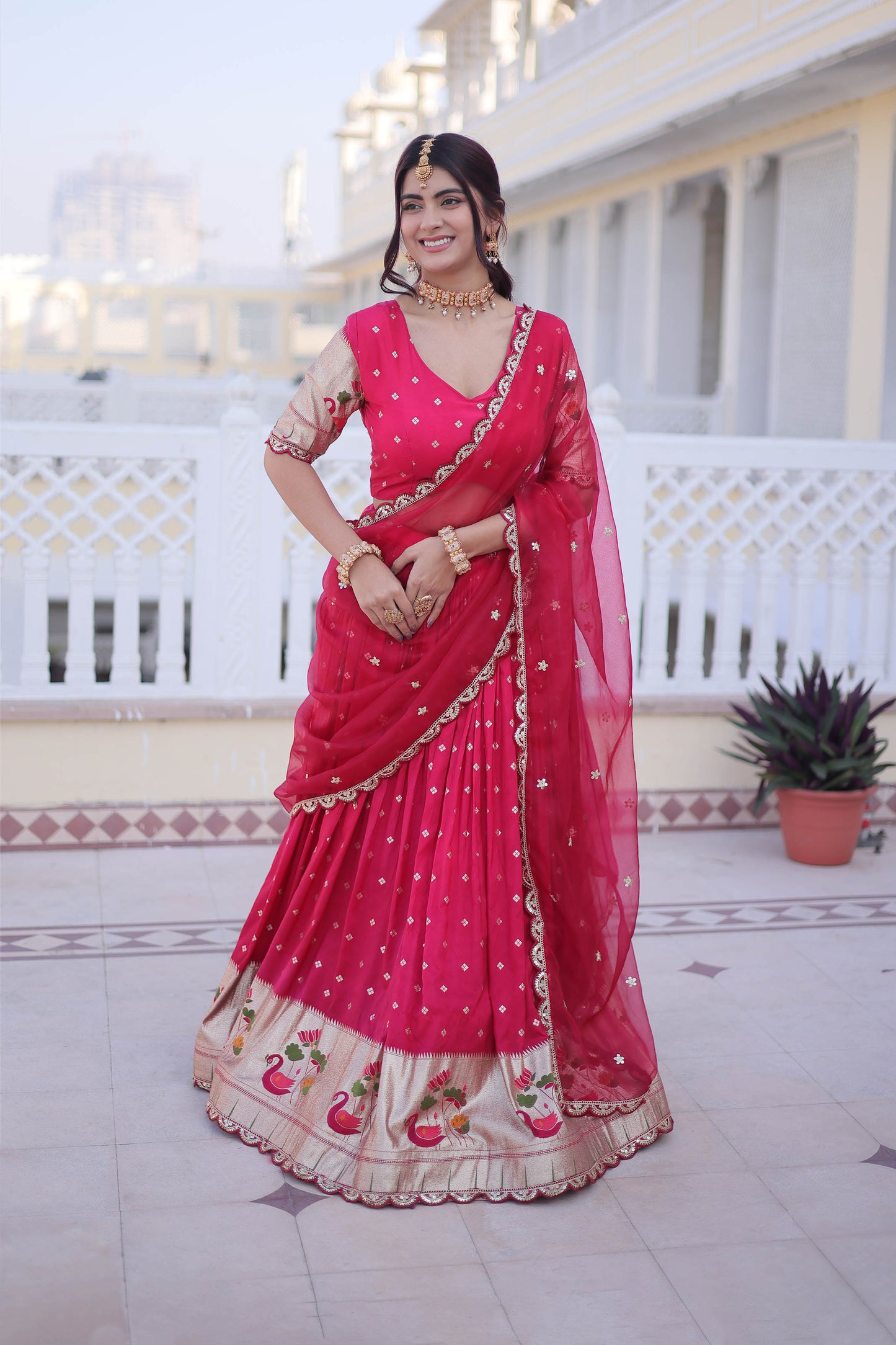 Vrindaa Rani Pink Paithani-Border Embroidered Lehenga Set